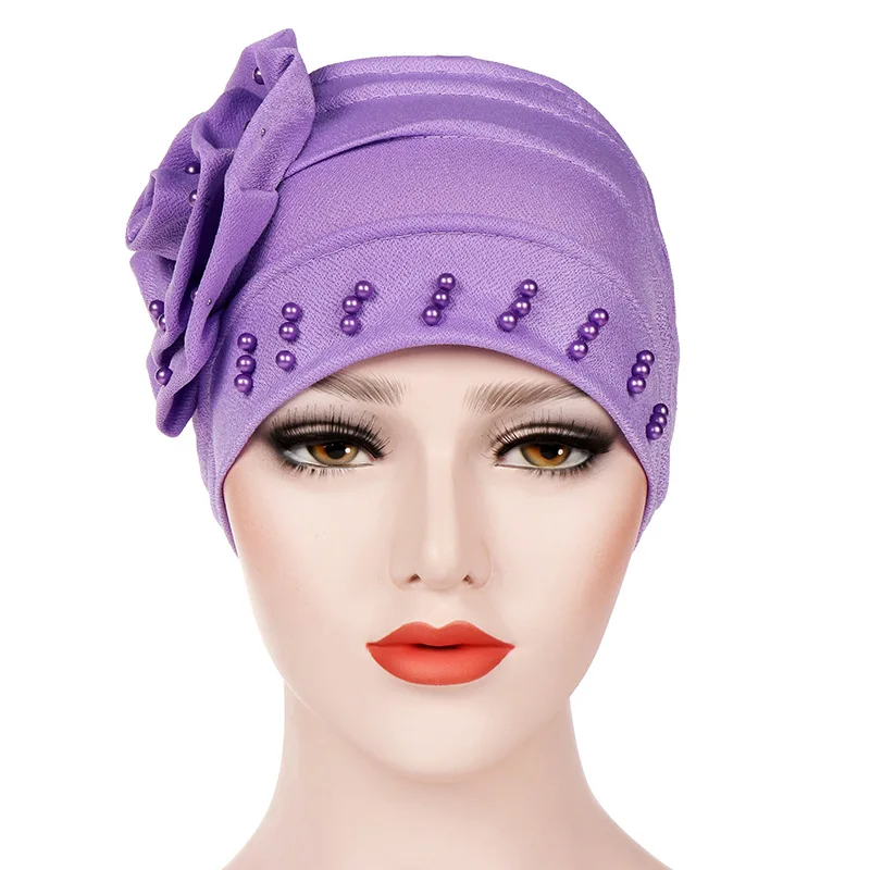 Fashion muslim headwear hair accessories pearls beaded flower turban women hijab cap
