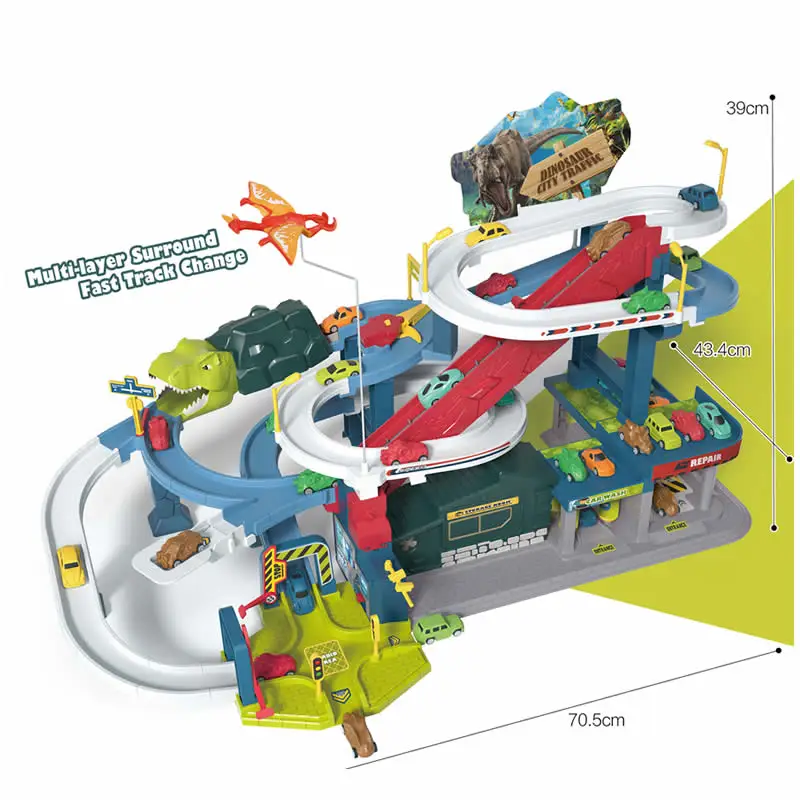 NEW Kids DIY Assemble Parking Dinosaur Volcano Eruption Track Set Multifunctional Toy With 8 Cars And Music