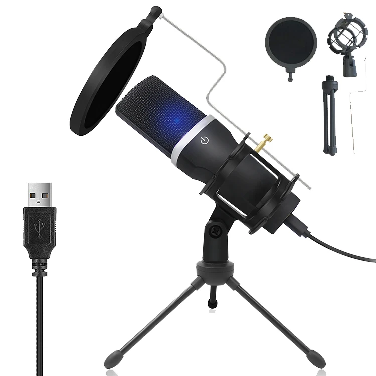 USB конденсаторный Студийный микрофон для записи Компьютерного Вещания Youtube микрофон с противоударным фильтром popfilter kit