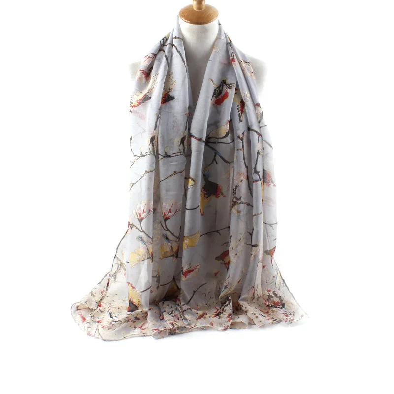 Hot Selling Explosive New Style Animal Elegant Summer Scarf Branch And Bird Print Scarfs For Women