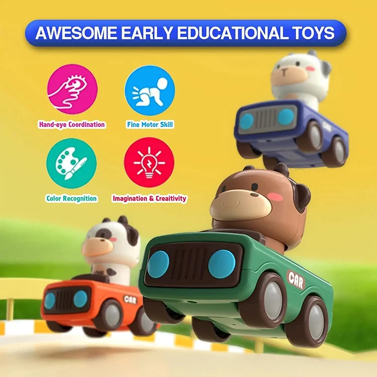 Cartoon Animal Plastic Cute Press And Go Toy Cow  Friction Car Toys For Toddlers Animal Racing Cars
