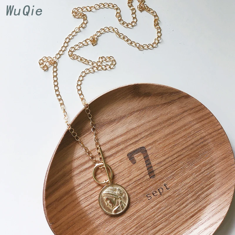 Wuqie Vintage 925 Sterling Silver Jewelry Human Portrait Coin Pendant Necklaces Gold Plated Round Necklace