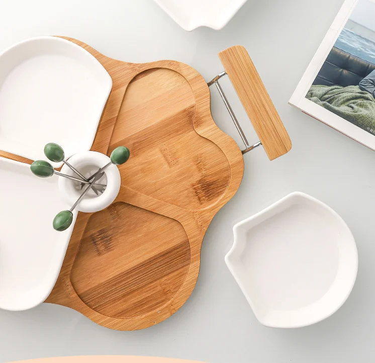 New Design White Divided Ceramic Charcuterie Platter Appetizer Serving Tray with Food Picks and Wood Holder