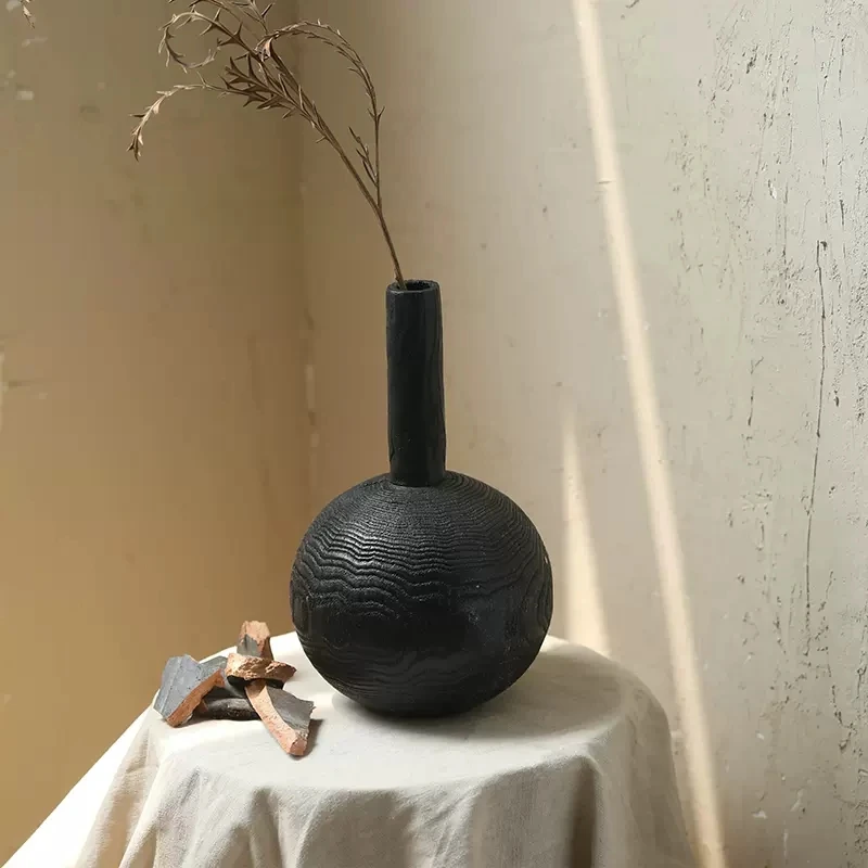 Black Round Ball Solid Wood Fine Mouth Vase Round  Retro Homestay Zen Japanese Style  Design Decor