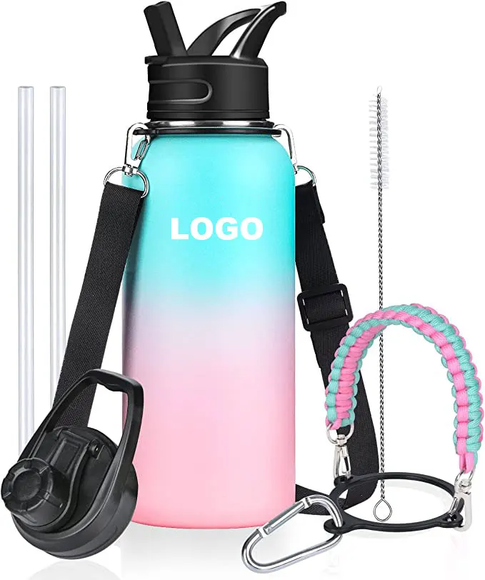 Insulated Water Bottle With Paracord Handles & Strap & Straw Lid Reusable Wide Mouth Vacuum Stainless Steel Water Bottle 32oz