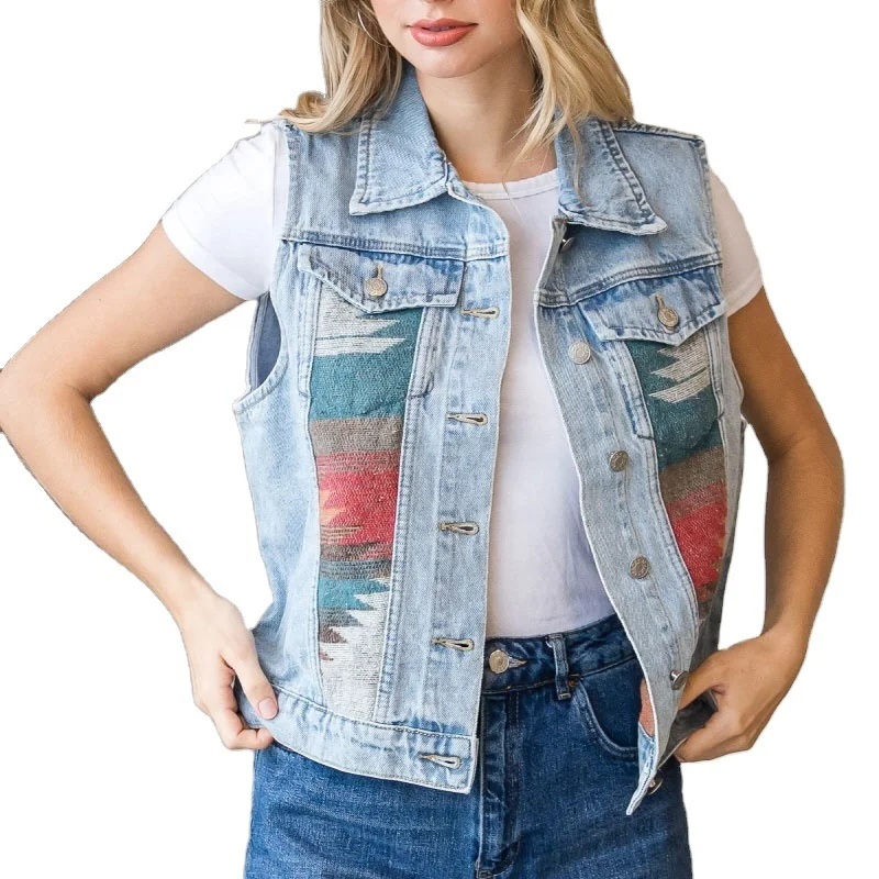 Free Shipping Fashion New Casual Color Block Vest Coat Ladies Denim Jacket Aztec Denim Vest