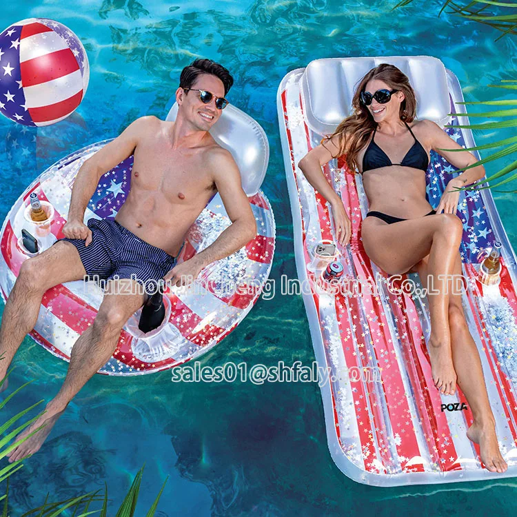 Support customization Inflatable USA Pool Float - with Sparkle Silver Stars Confetti,USA Flag  Water Swimming Pool Float