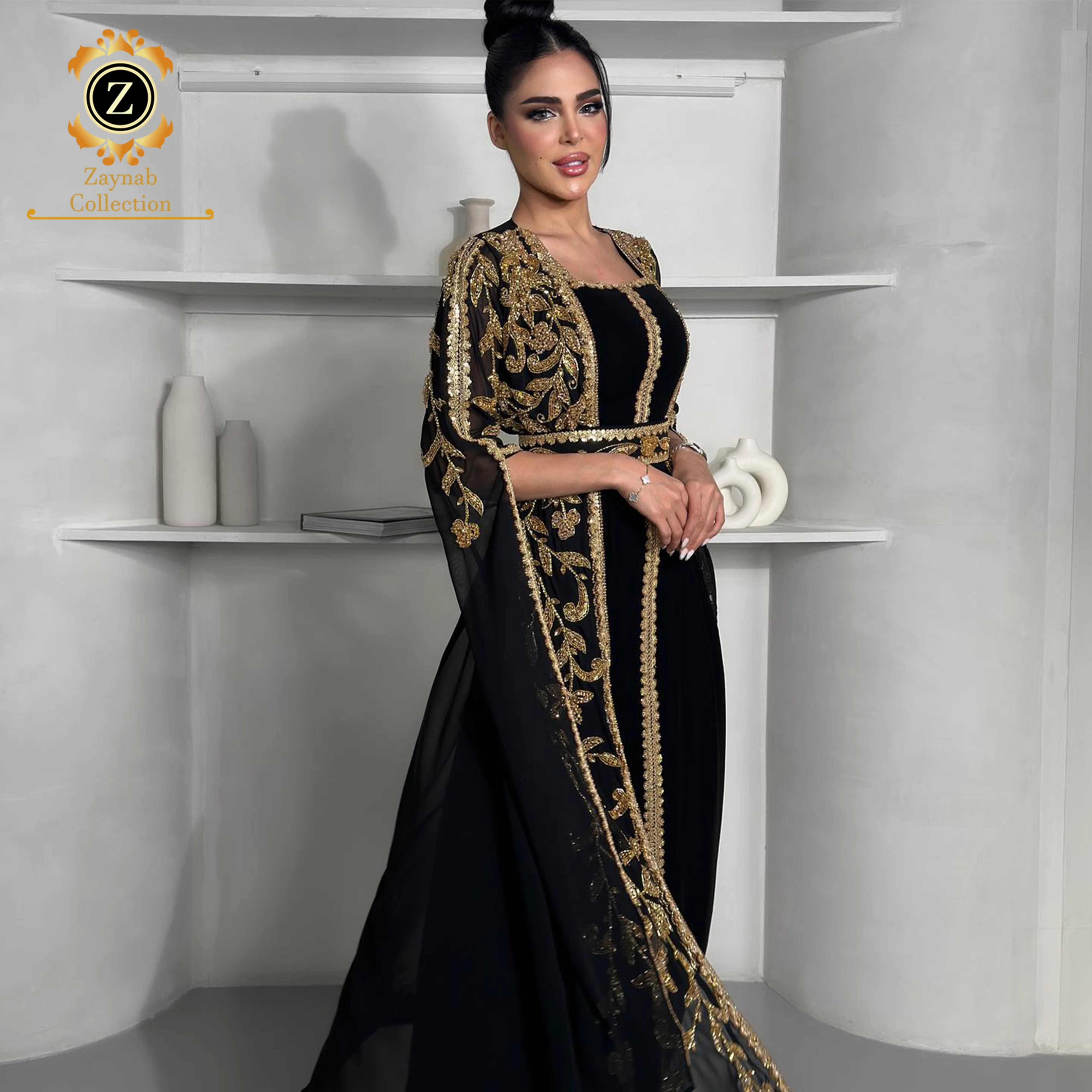 Zaynab Elegant Abaya Turkish Dresses Women Abaya Modern Satin Crystal Dress Front Open Moroccan Elegant Abaya