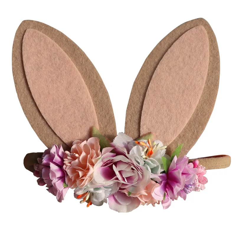 Felt rabbit ear photography nylon baby headband bunny ear flower Hairband kids hair tie