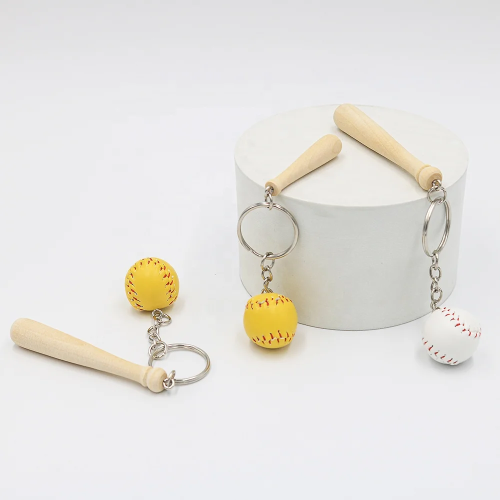 Leather Baseball Keychain with Wooden Bat Mini Baseball Keyring Sports Keychain for Team Baseball Bat