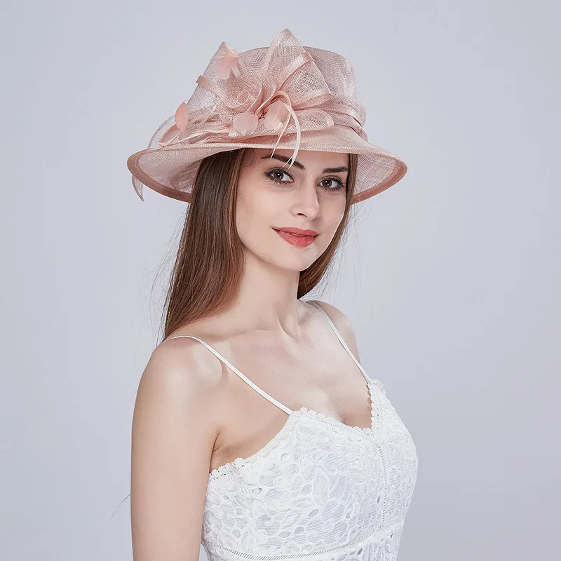 2024 Custom Fashion Women Lady Sinamay Wide Brim Church Hat Kentucky Derby Dress Hat Flower Tea Party Wedding White Hat
