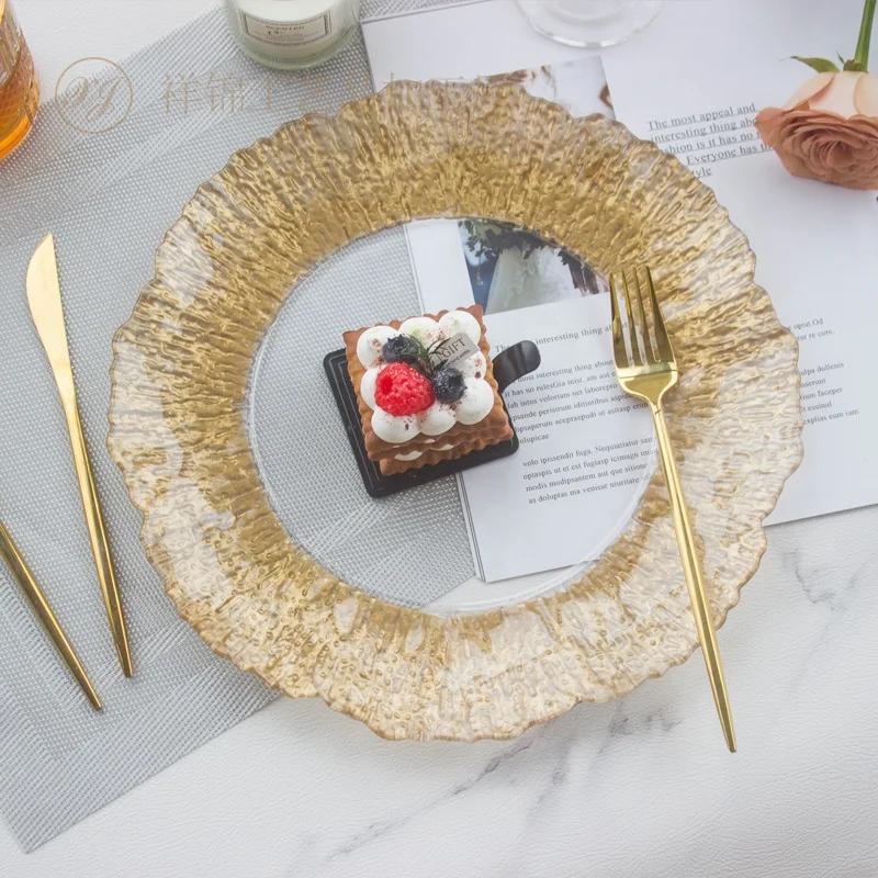 XiangJin 330mm Gold Fancy Rim Glass plastic Charger Plates Wedding Wholesale Western Steak Pad Table Chargers Plates Wedding
