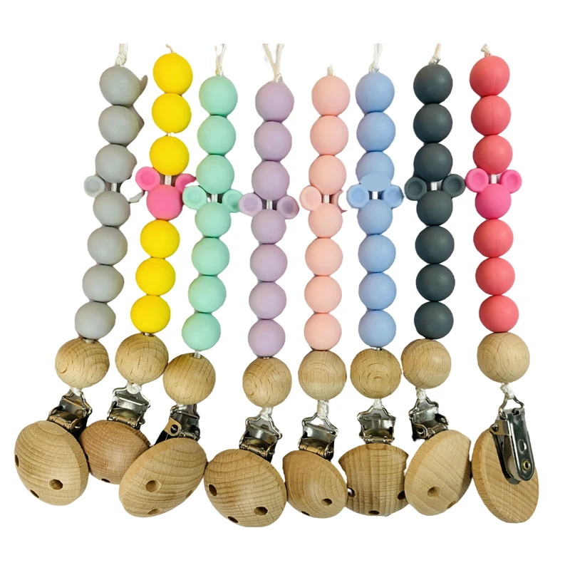 New simple beech wooden baby bite Pacifier Clip silicone pacifier chain molar toy anti falling chain