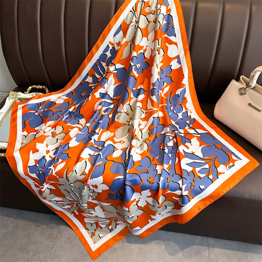 90CM  Twill Silk Square Hair Scarf for Women Summer Sunscreen Kerchief Hijab Bandanda Female Shawl Wraps Beach Stoles Echarpe