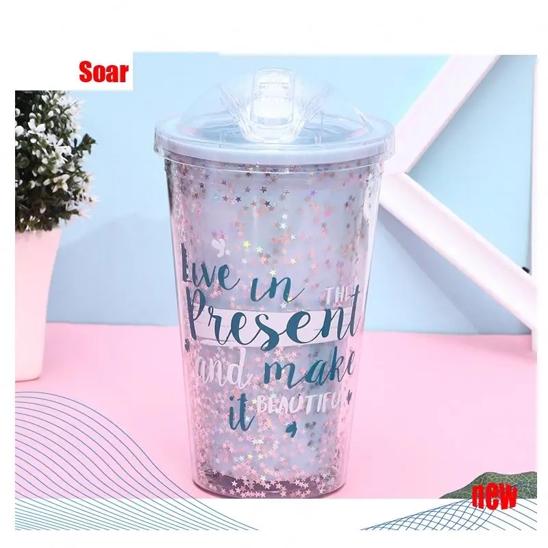 SOAR 16Oz горячая Распродажа двойная настенная цветная блестящая пластиковая чашка для питьевой воды с крышками и