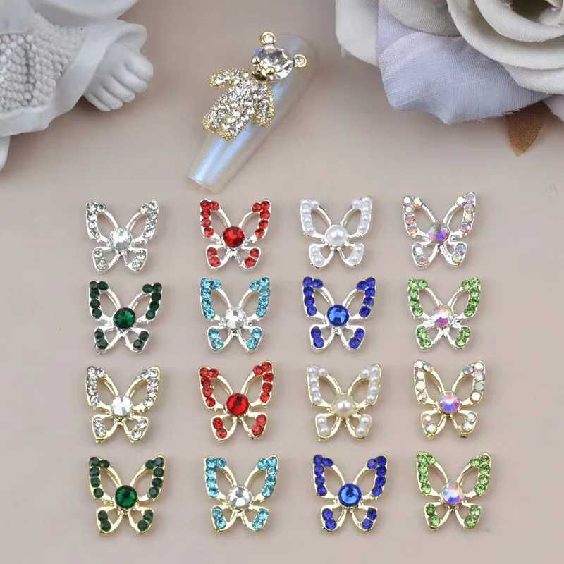 Wholesale 3D Luxury Jewelry Designer Nail Charms Metal Hollow Out Butterfly Nail Art Rhinestone Decorations
