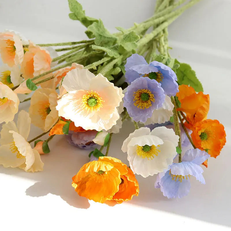 60cm Artificial Flocking Silk Cloth 4 Heads Yellow Blue Poppy Flower For Wedding Decoration 2024