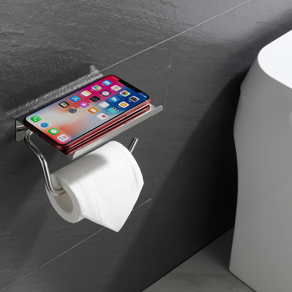 Wall Mounted Tissue Roll Holder Towel Holder Bathroom Toilet Paper Holder With Mobile Phone Shelf