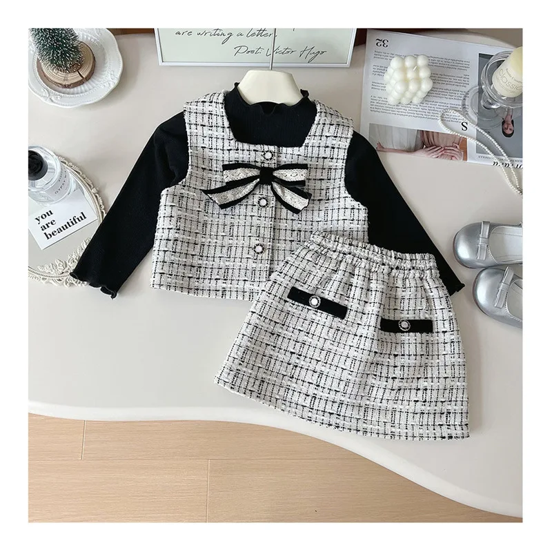 autumn girl clothing set Korean girls black shirt coat skirt 3pcs princess outfit autumn spring girl clothes sets bow jacket