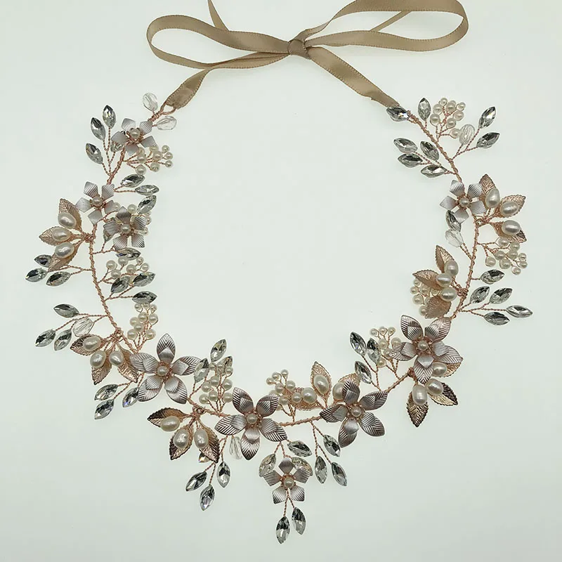 Женская тиара с пресноводным жемчугом, свадебный аксессуар цвета розового золота с цветами, свадебный головной убор