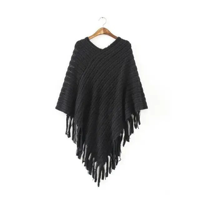 Warm Women Knit Batwing Cape Tassel Knit Poncho For Women Cloak Jacket Coat Outwear