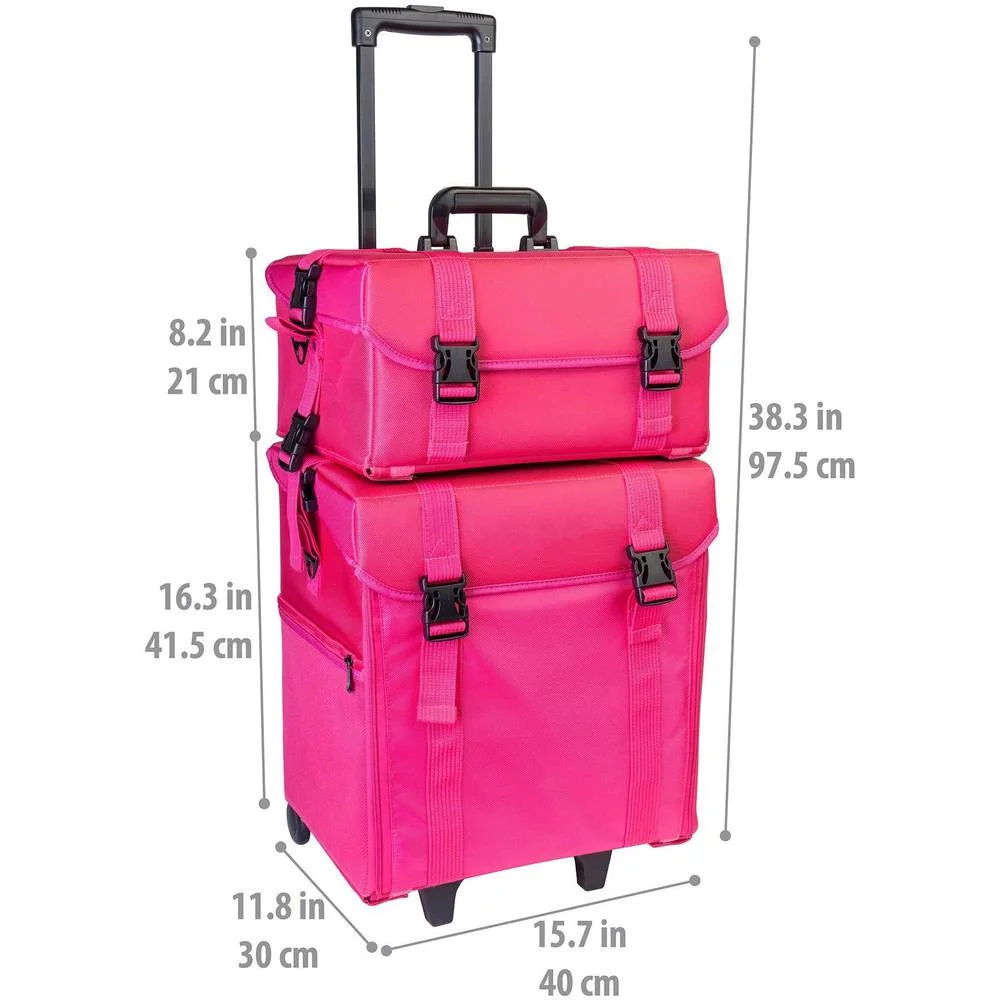 Soft Makeup Artist Train Case Rolling Trolley Cosmetic Case Makeup Hairdresser with Free Set of Mesh Bag Pink