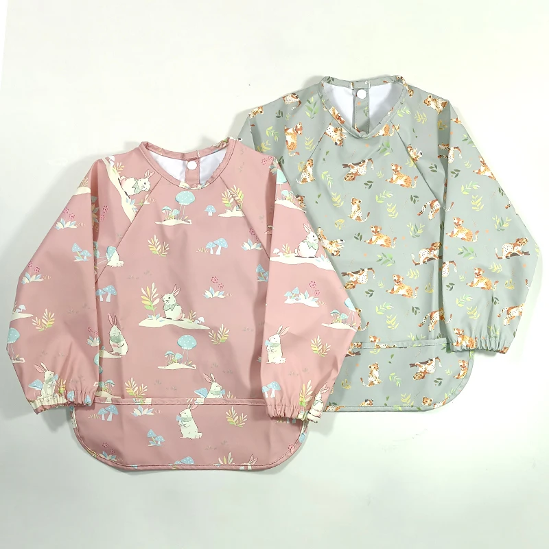 Girls PU Bib Baby Apron Cloth Long Sleeve OEM Service 100% Polyester Printed Support Button