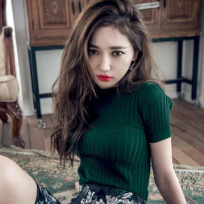 Spring 2020 Slim-fitting short-sleeved high school collared sweater for women, thin pullover with tight base