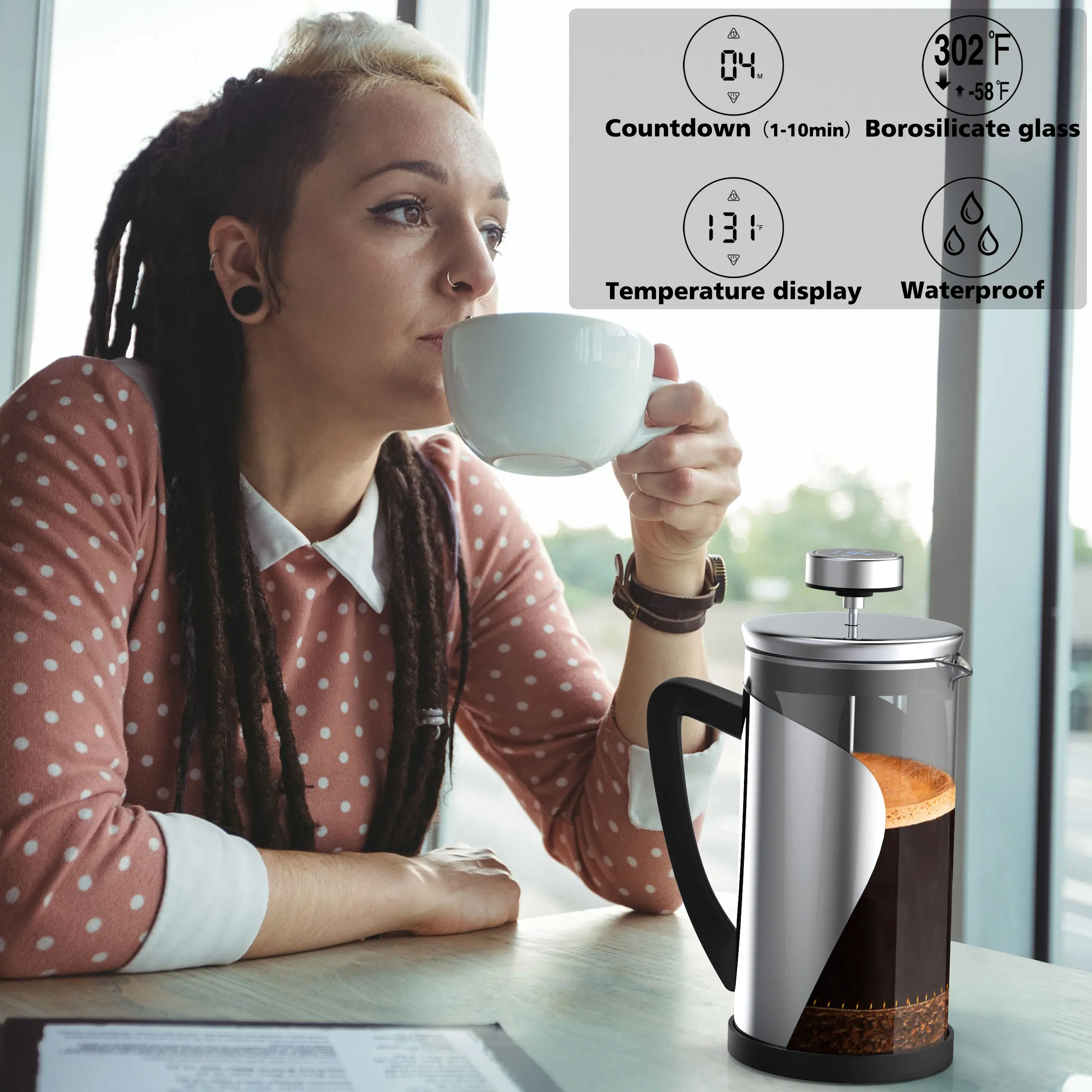  Coffee Maker with 4 Level Filtration System Glass French Press