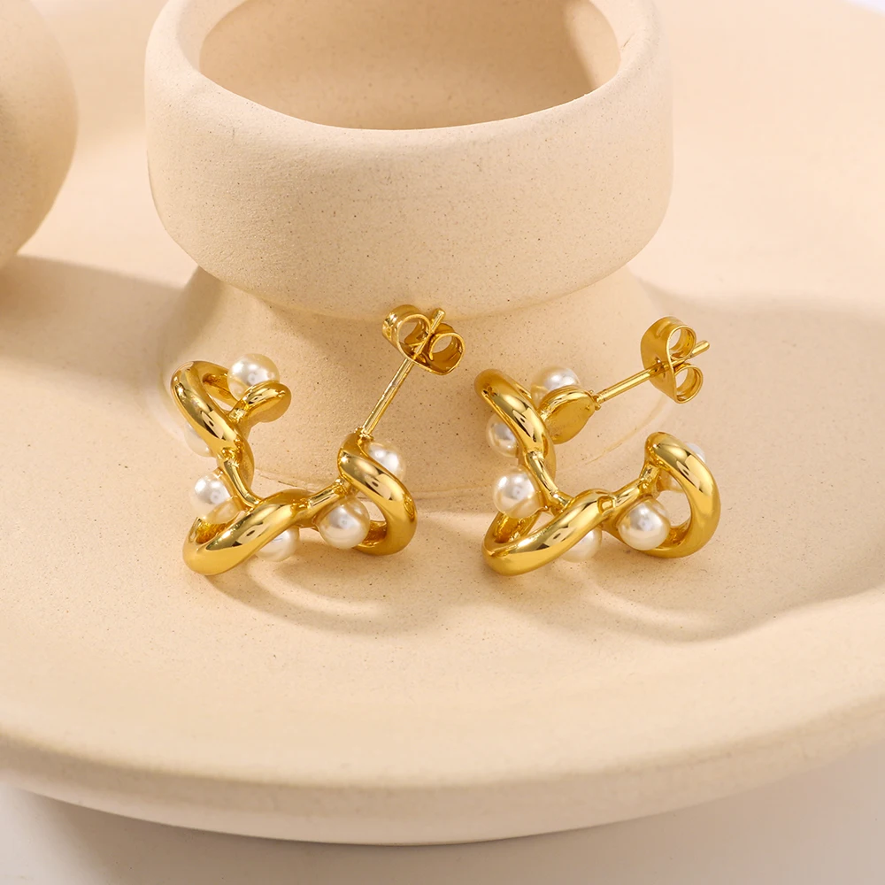 Trendy new geometric large C-shaped irregular lines wrapped pearl earrings elegant and charming ladies 18K gold plated