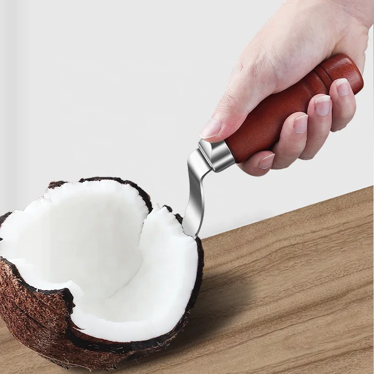 Coconut Tool Coconut Meat Remover Durable Wooden Handle Stainless Steel Coconut Opener Scraper Knife for Kitchen Home