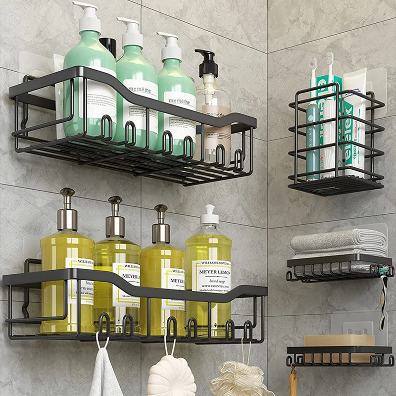Matte Black Shower Shelves Wall-Mounted Metal Bathroom Storage Organizer Rack with Basket