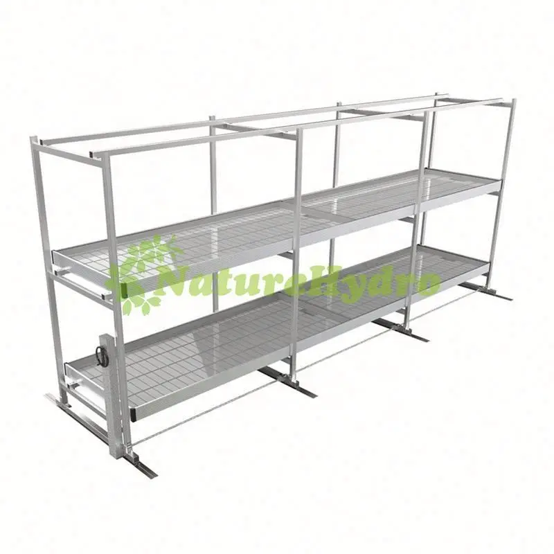 Movable multi level vertical ebb and flow rolling bench rack system with grow tray