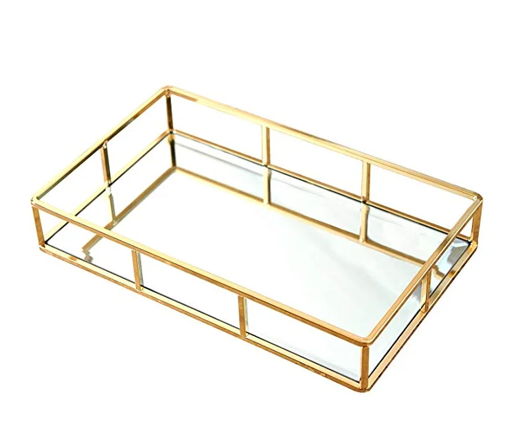 
gold luxury rectangle vanity decorative mirror trays serving metal mirror tray 