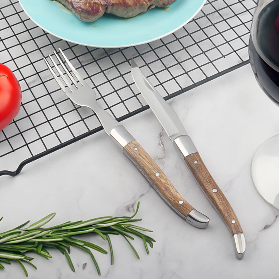 New Arrived Wooden Handle Stainless Steel 2 PCS Steak Knife Set Fork Cutlery Set For Laguiole Design