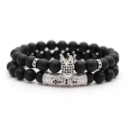 NUORO Classic Black Beads 2pc/Set Natural Glass Stone Bracelet Men Pave CZ 8mm Disco Ball Charms Bracelets Women Gold Jewelry