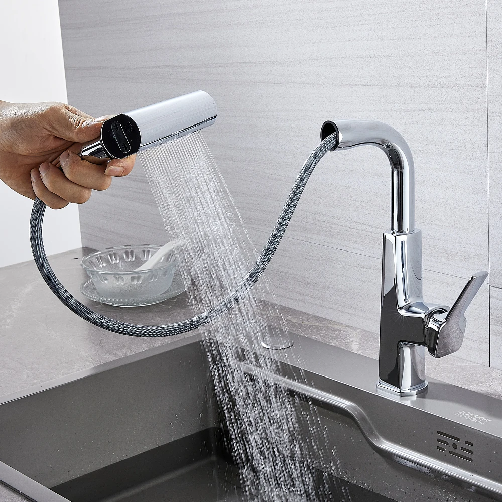 Chrome Kitchen Sink Mixer Brushed Nickle Water Tap Pull Out Rotation Waterfall Stream Sprayer Head  Flexible Kitchen Faucets
