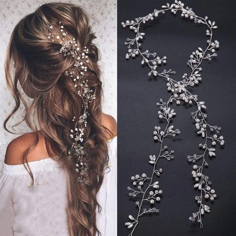 finestyle Bridal Gold Silver Extra Long Pearl and Crystal Beads Wedding Head Piece Hair Accessories Jewelry
