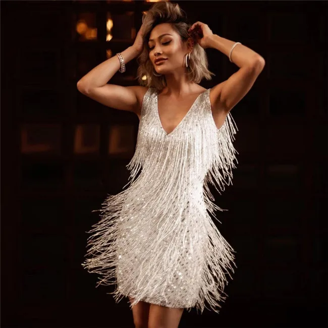Fashion Women Sexy Fringed Design Party Club Diamond Dress