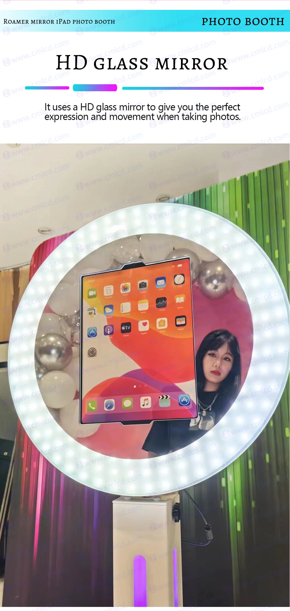 New design iPad photobooth mobile head aluminum portable magic mirror photo booth shell with RGB base