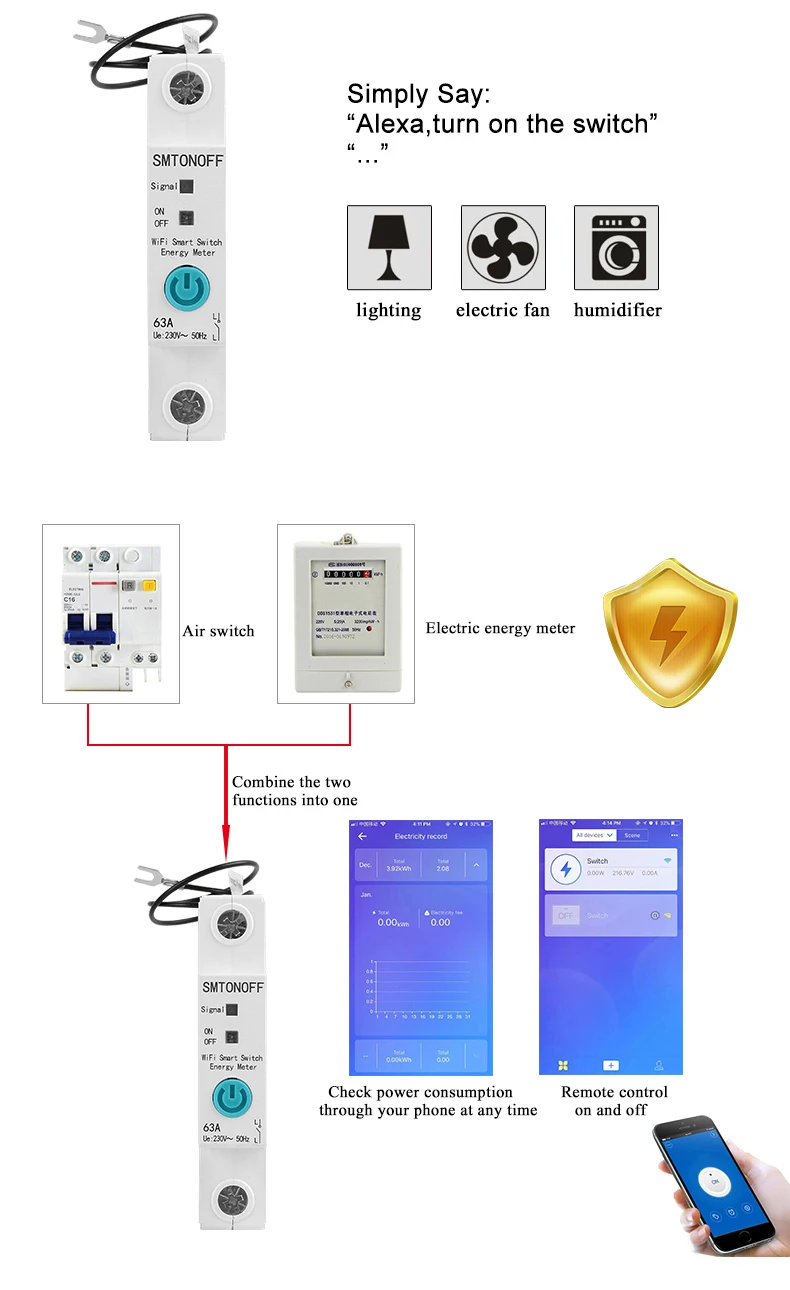 eWeLink Wifi Smart Home 1P Single Phase Circuit Breaker,Din Rail Power Consumption Energy Monitor,kWh Meter,Wattmeter,110V 220V