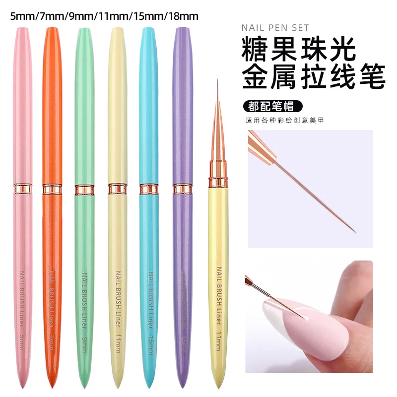 Foretrend  Pink Purple Nail Art Liner Striping Brush Metal Handle Nail Drawing Pens UV Gel Polish Painting Nail Liner Brush