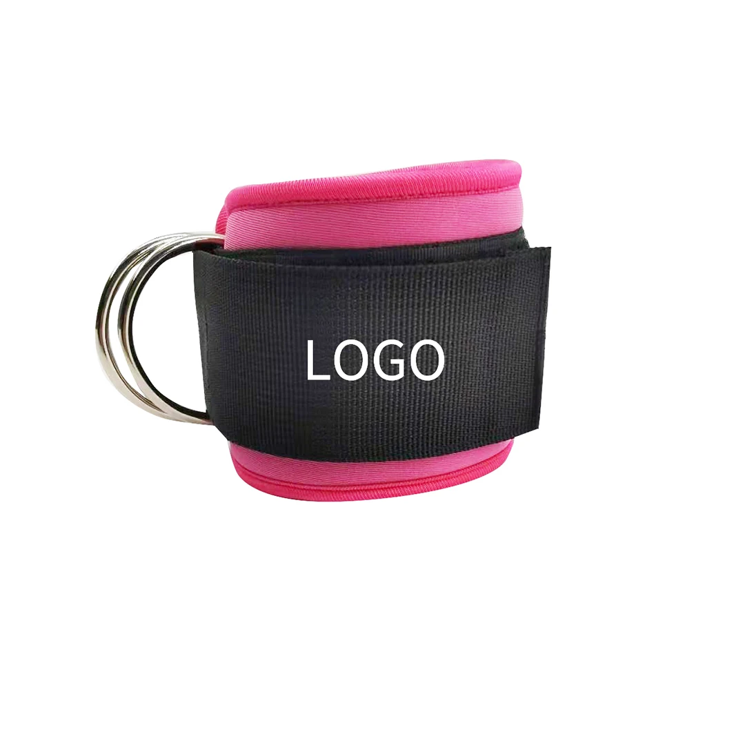 customized logo D ring ankle straps weight lifting fitness padded pink black adjustable ankle brace neoprene ankle straps