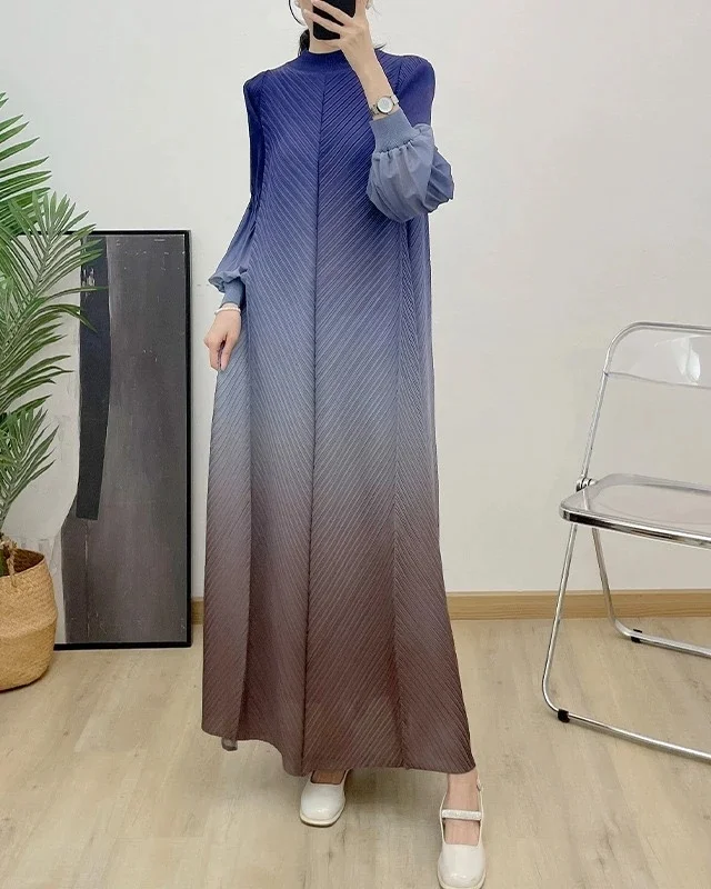 Sheen Fancy Plus Size Miyaki Summer Dresses Women Casual Free Size Gradient Loose Pleated Long Dress For Women