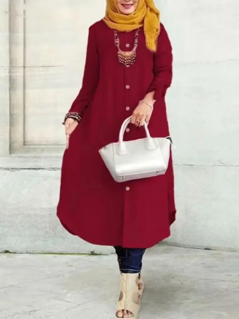 2024 Eid New Arrival Muslim Dubai Solid Color Wooden Button Cuffs Bowknot Long Shirt Dress Casual Women Abaya Shirt Dresses