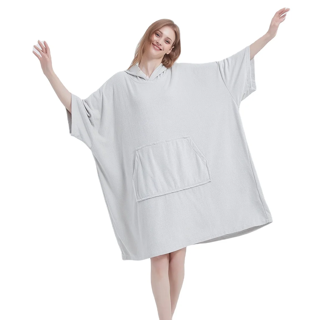 Custom Logo Design Grey Outdoor Beach Sports Swimming Changing Hoodie Robe Hooded Poncho Towel with Pocket