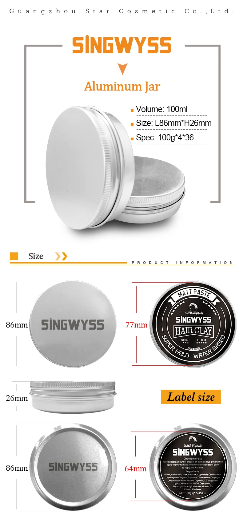 private label 100g aluminum tin many colors hair clay with matte finish and strong hold water-based for all hairstyles