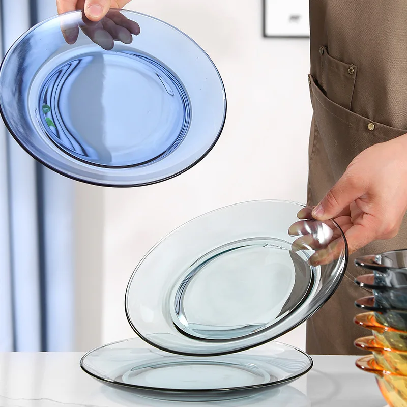 Wholesale Transparent Colored Green Blue Amber Grey Glass Plate Set with Soup Pot and Bowls for Wedding Microwave Oven Safety
