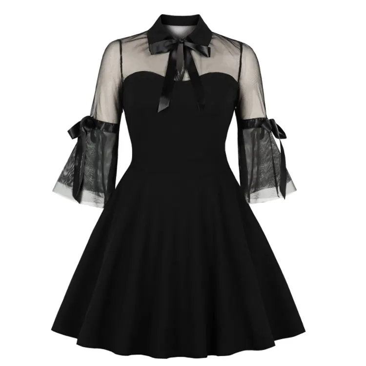 2021 Xl Sexy Perspective Mesh Tulle Half Sleeve Bowknot Flare Sleeve Pleated Waist Dress Party Prom Dress