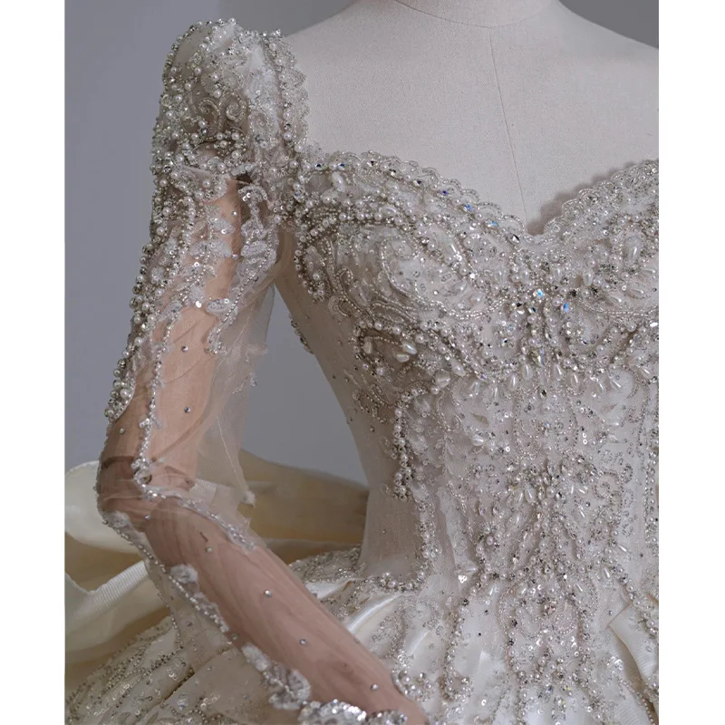 Luxurious Satin  Wedding Dresses Sequin Beaded Long Sleeve Wedding Dresses Super Plus Size 2024 New Wedding Dresses